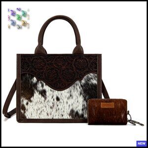 Western Tote Bag Hair On Cowhide Floral Tooled Hobo Handbag Elegant